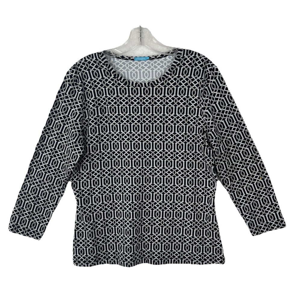 J. McLAUGHLIN Black Geometric Medallion Links Stretchy Pullover Blouse Sz LARGE